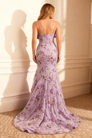 Purple Floral Mermaid Long Prom Dress With Bow
